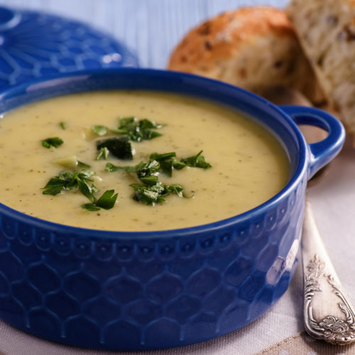 potato leek soup in a bowl